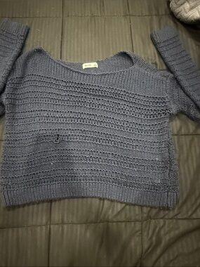 Madewell Navy Open-Weave Crewneck Sweater off one shoulder